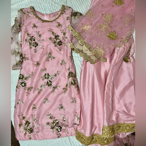 Pink with Gold Embroidery Sharara Indian Dress - Picture 1 of 2